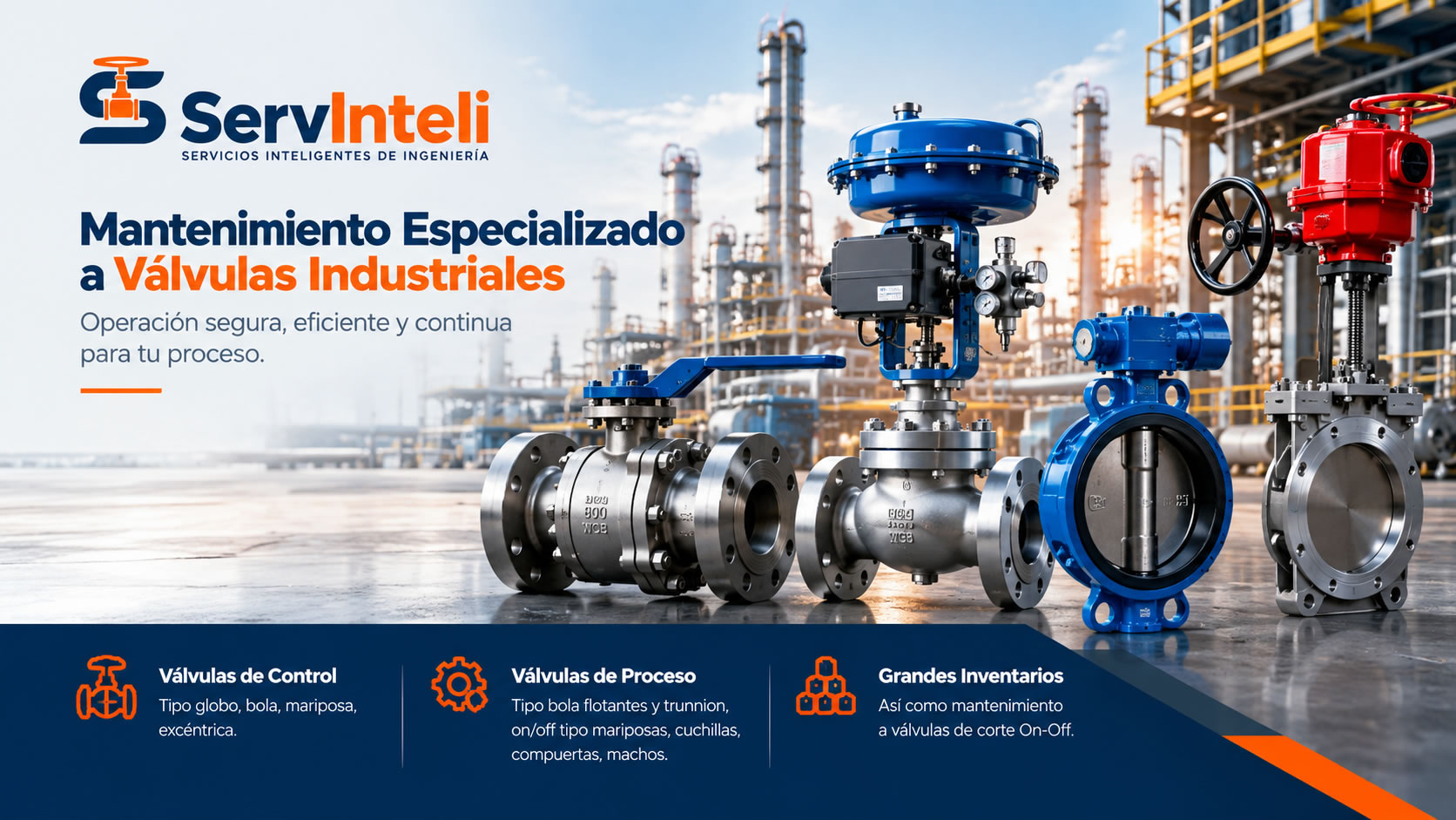 ServInteli. Mantenimiento especializado a válvulas industriales. Operación segura, eficiente y continua para tu proceso. Válvulas de control, válvulas de proceso y grandes inventarios.